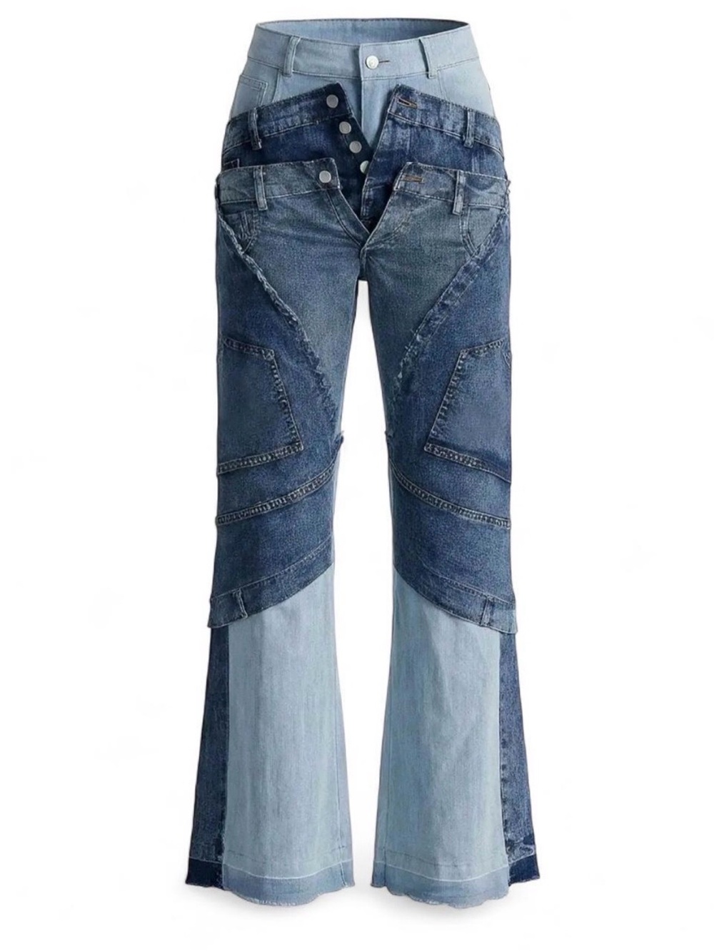 Patchwork Asymmetric Wide Leg Women's Jeans - Blue